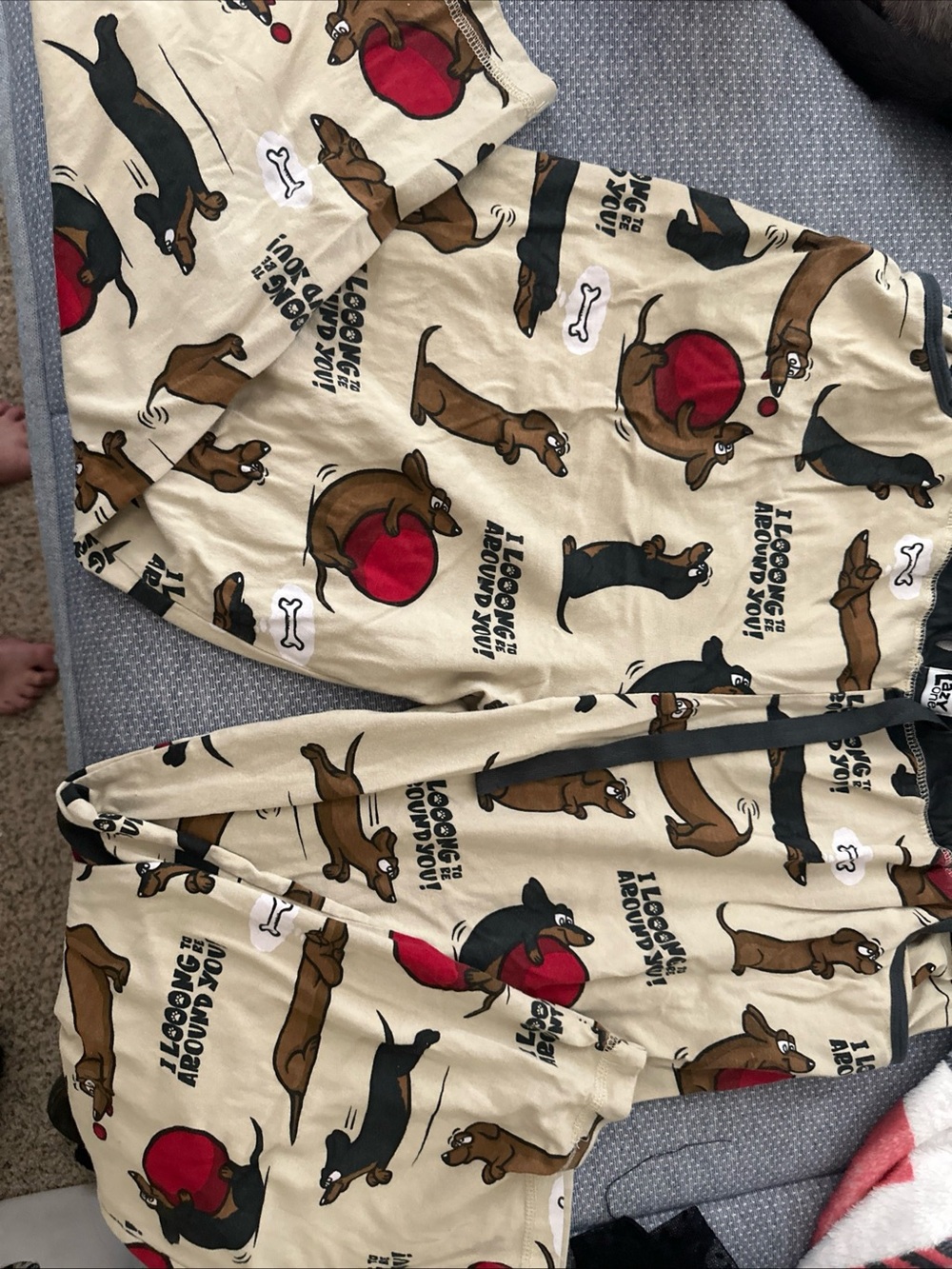 Lazy One Beige Dachshund Print Pajama Set with Red Accents